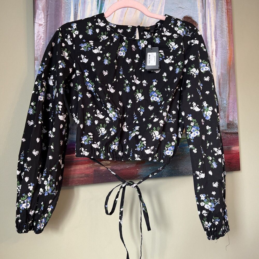 Maje Sz 2 Floral Black Cotton Long-Sleeve Blouse Top $265